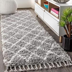 JONATHAN Y Mercer Shag Plush Tassel Gray/Cream Indoor Area Rug, 3×5, Moroccan Geometric Trellis, Transitional, Easy-Cleaning for Living Room, Bedroom, Kitchen, Non-Shedding (MCR104C-3)(Grey/Cream)