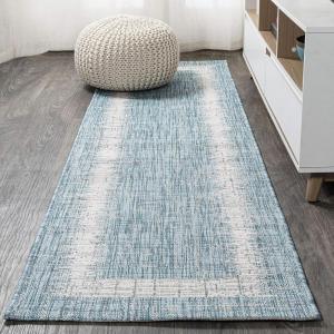 JONATHAN Y Scandi Border Indoor Outdoor Area Rug 3X5 Aqua/Ivory, Minimalist for Backyard, Patio, Porch, Easy-Cleaning, High Traffic, Pet-Friendly, Non-Shedding (SMB118A-3)(2’2″ x 10′ (Runner))