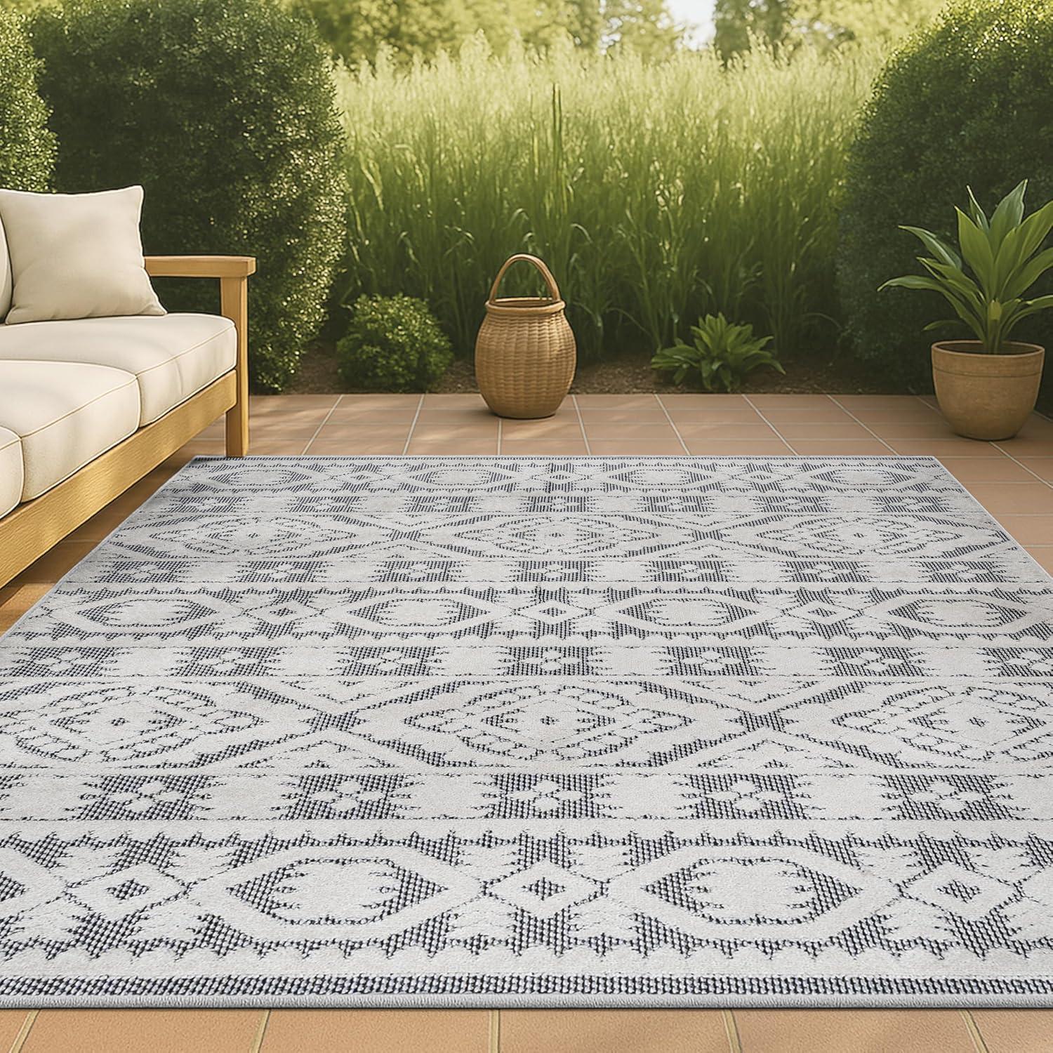imageJONATHAN Y Mediterranean Tile Indoor Outdoor Area Rug 8X10 Beige Citta HighLow Pile for Backyard Patio Porch EasyCleaning High Traffic PetFriendly NonShedding SBH102A8WhiteBlack