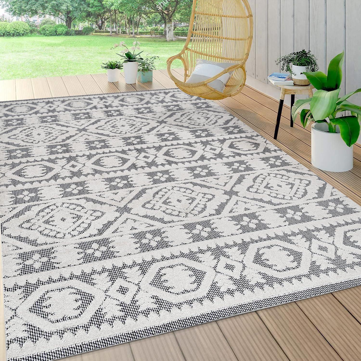 imageJONATHAN Y Mediterranean Tile Indoor Outdoor Area Rug 8X10 Beige Citta HighLow Pile for Backyard Patio Porch EasyCleaning High Traffic PetFriendly NonShedding SBH102A8WhiteBlack
