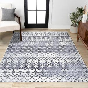 JONATHAN Y Azmar Geometric Distressed Ivory/Black Runner Rug, 2×8, Moroccan, Bohemian, Vintage, Easy-Cleaning for Living Room, Bedroom, Kitchen, Pet Friendly, Non-Shedding (MOH504A-28)(7’8″ x 10′ (Rectangular))