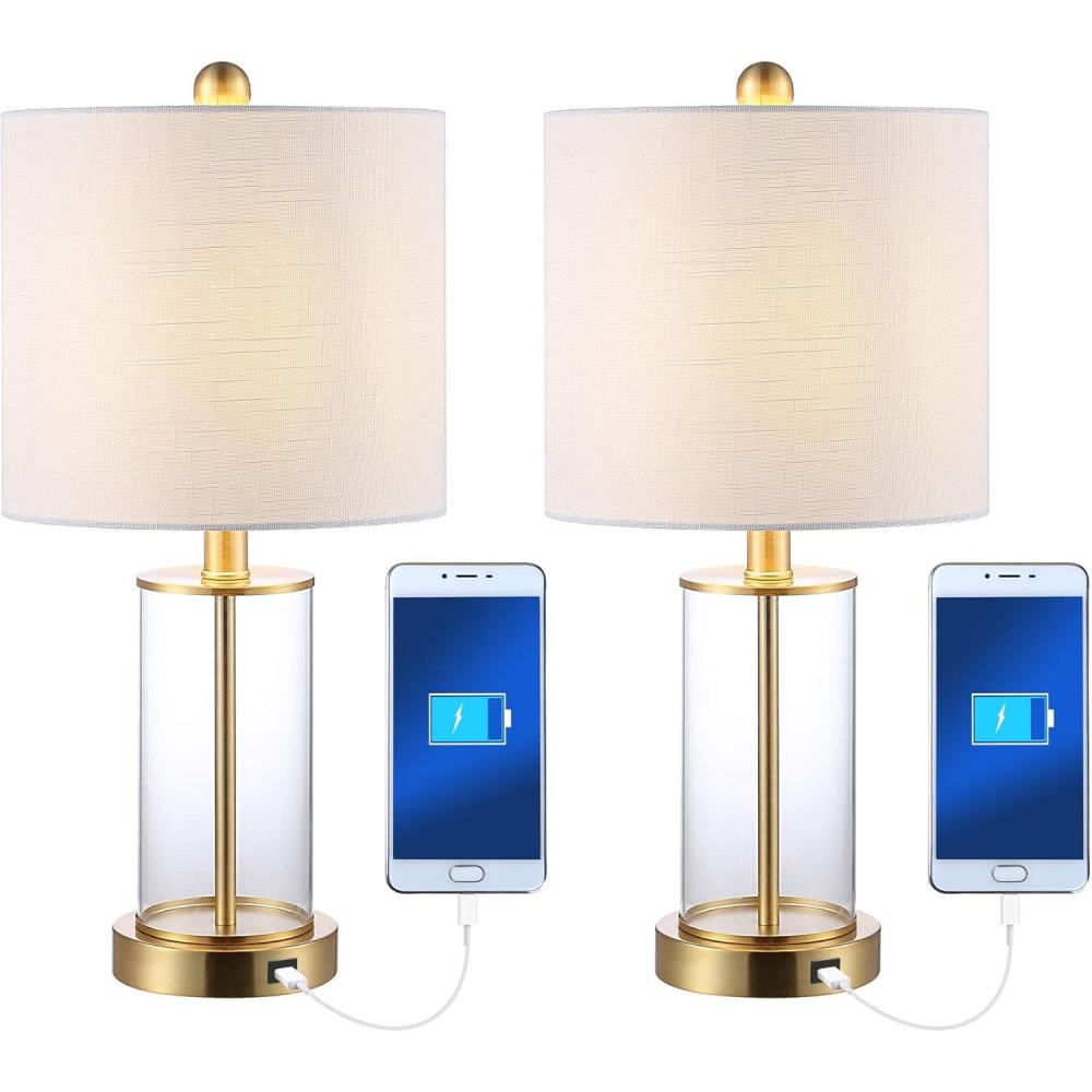imageJONATHAN Y JYL8500BSET2 Set of 2 Table Lamps Abner 21quot Glass Modern Contemporary USB Charging LED Table Lamp Glam Bedside Desk Nightstand Lamp for Bedroom Living Room Office Brass GoldClearBrass GoldClear