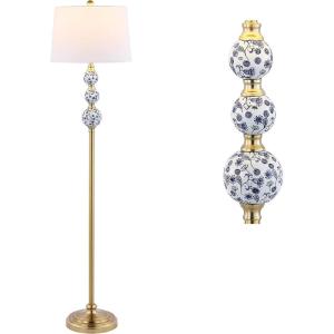 JONATHAN Y JYL3093A 62.5″ Classic Midcentury Floor Lamp, Brass Gold and Blue Ceramic Standing Lamp for Living Room, Bedroom, Traditional Reading Lamp with White Linen Empire Shade, LED Bulb Included