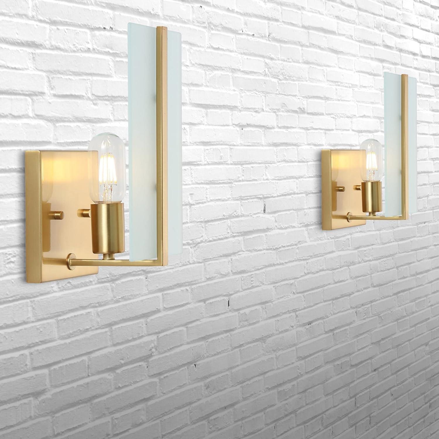 imageJONATHAN Y JYL9914ASET2 1125quot Modern Brass Gold Wall Sconces Set of 2 for Bathroom Vanity MidCentury Hardwired Wall Light Fixtures with Frosted Glass for Hallway Bedroom Living Room