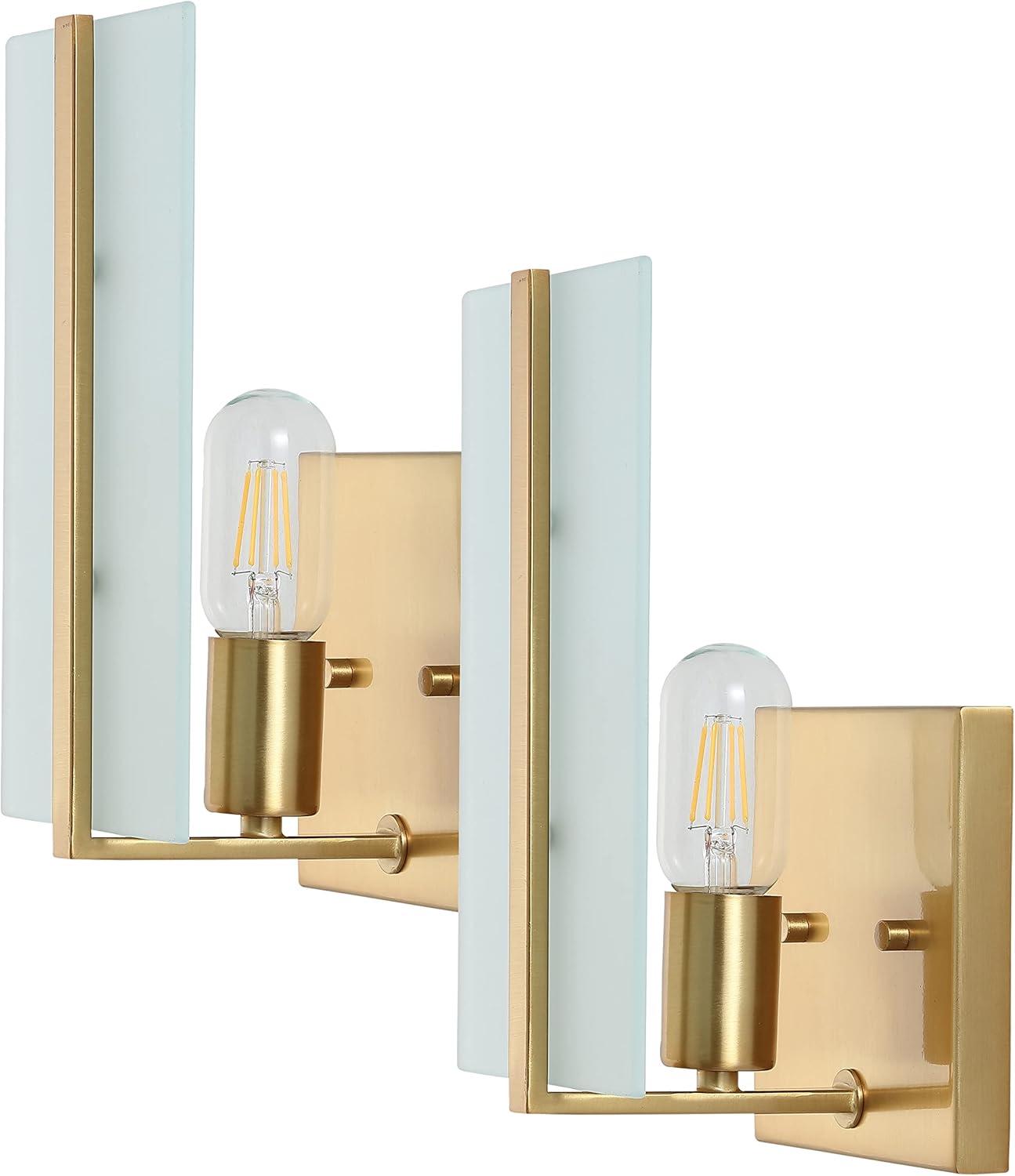 imageJONATHAN Y JYL9914ASET2 1125quot Modern Brass Gold Wall Sconces Set of 2 for Bathroom Vanity MidCentury Hardwired Wall Light Fixtures with Frosted Glass for Hallway Bedroom Living Room