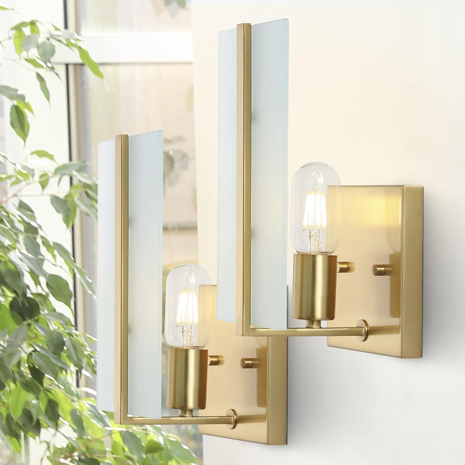 imageJONATHAN Y JYL9914ASET2 1125quot Modern Brass Gold Wall Sconces Set of 2 for Bathroom Vanity MidCentury Hardwired Wall Light Fixtures with Frosted Glass for Hallway Bedroom Living Room