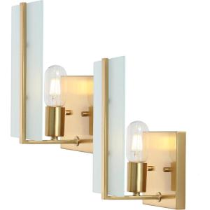JONATHAN Y JYL9914A-SET2 11.25″ Modern Brass Gold Wall Sconces Set of 2 for Bathroom Vanity, Mid-Century Hardwired Wall Light Fixtures with Frosted Glass for Hallway, Bedroom, Living Room