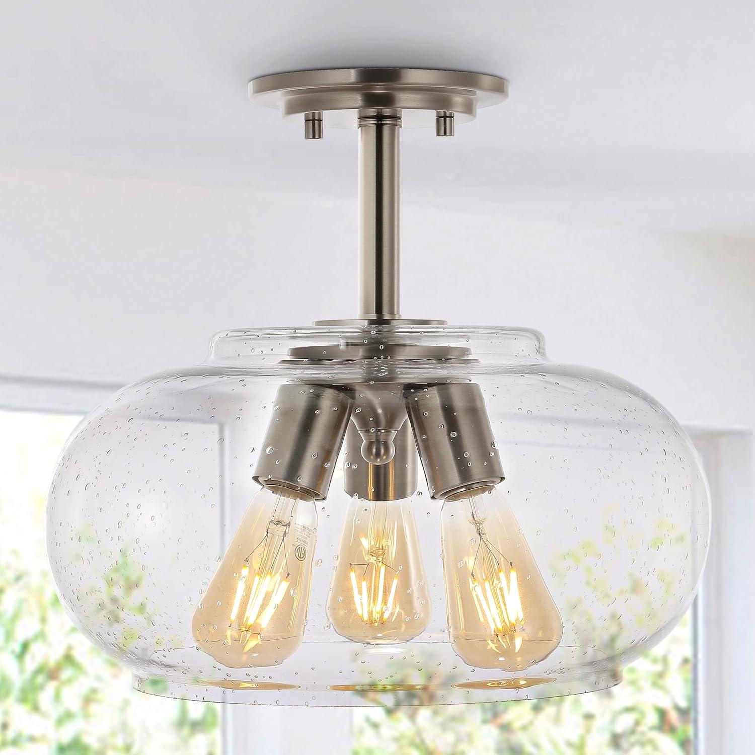 imageJONATHAN Y JYL7565A 1375quot Modern Industrial 3Light Semi Flush Mount Ceiling Light Dimmable Nickel Ceiling Fixture with Clear Seeded Glass Globe for Kitchen Hallway Bedroom 3 LED Bulbs Included