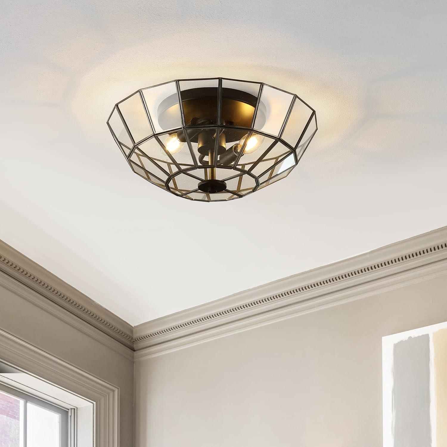 imageJONATHAN Y JYL9928A Theo 155quot 2Light Farmhouse Rustic IronGlass LED Semi Flush Mount Modern Contemporary 2700K Cozy Warm Light Kitchen Hallway Bathroom Bedroom Foyer Oil Rubbed BronzeClear