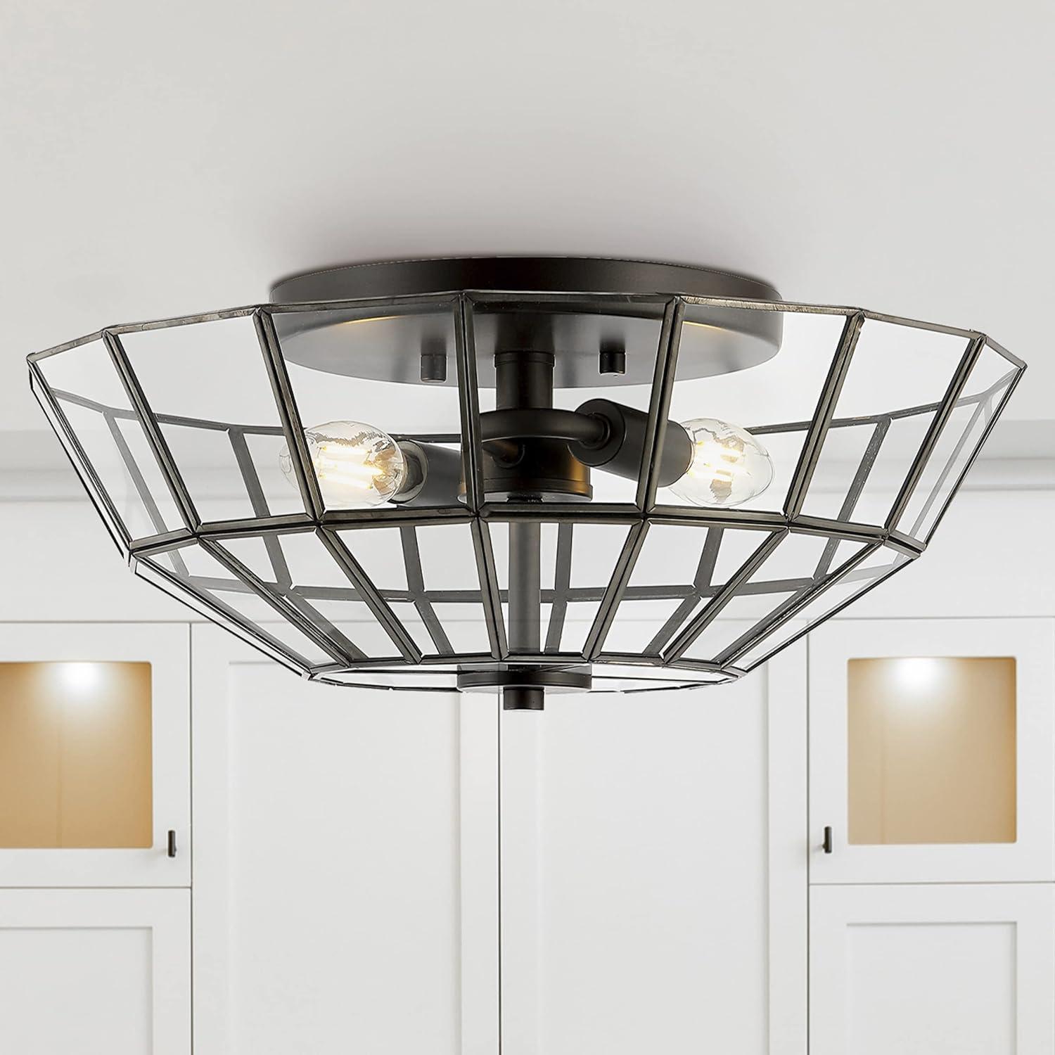 imageJONATHAN Y JYL9928A Theo 155quot 2Light Farmhouse Rustic IronGlass LED Semi Flush Mount Modern Contemporary 2700K Cozy Warm Light Kitchen Hallway Bathroom Bedroom Foyer Oil Rubbed BronzeClear