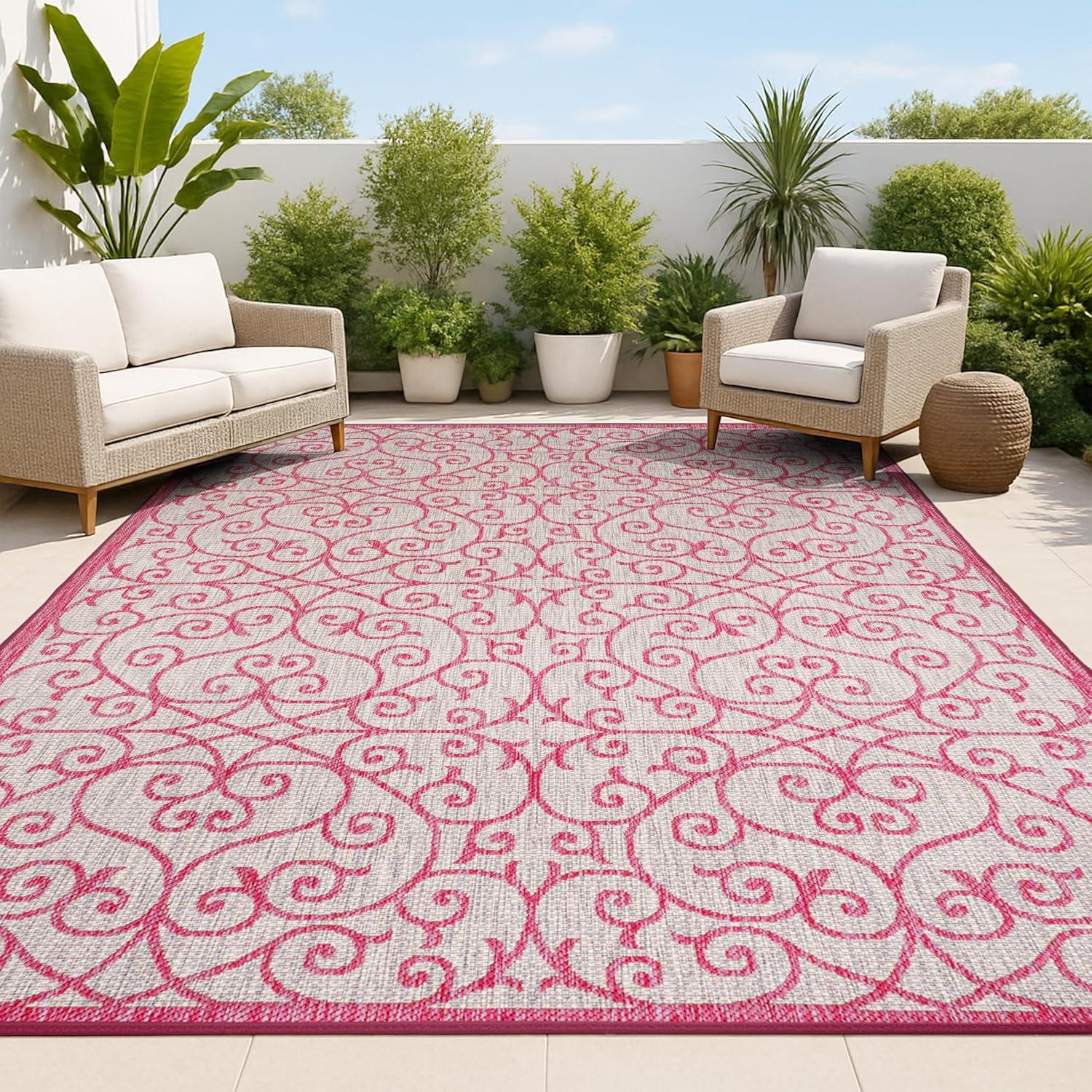 imageJONATHAN Y Vintage Filigree Indoor Outdoor Area Rug 5X8 BlackKhaki Madrid Textured Weave for Backyard Patio Porch EasyCleaning High Traffic PetFriendly NonShedding SMB107A5Light GrayFuchsia