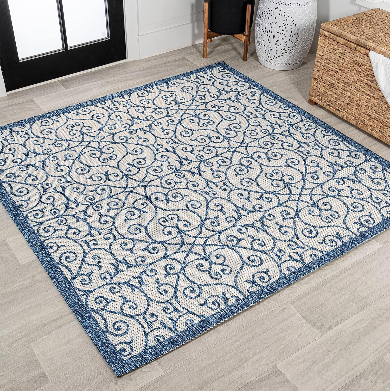 imageJONATHAN Y Vintage Filigree Indoor Outdoor Area Rug 5X8 BlackKhaki Madrid Textured Weave for Backyard Patio Porch EasyCleaning High Traffic PetFriendly NonShedding SMB107A5BlueCream