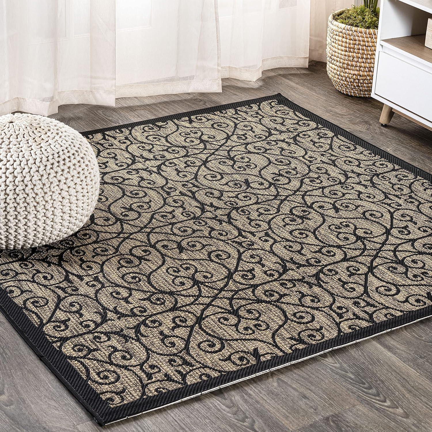 imageJONATHAN Y Vintage Filigree Indoor Outdoor Area Rug 5X8 BlackKhaki Madrid Textured Weave for Backyard Patio Porch EasyCleaning High Traffic PetFriendly NonShedding SMB107A5BlackKhaki