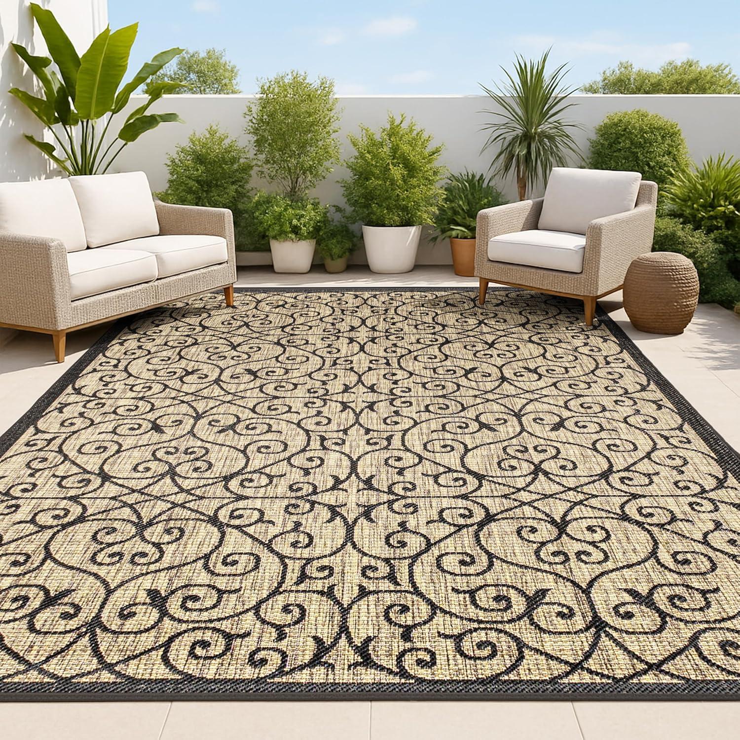 imageJONATHAN Y Vintage Filigree Indoor Outdoor Area Rug 5X8 BlackKhaki Madrid Textured Weave for Backyard Patio Porch EasyCleaning High Traffic PetFriendly NonShedding SMB107A5BlackKhaki