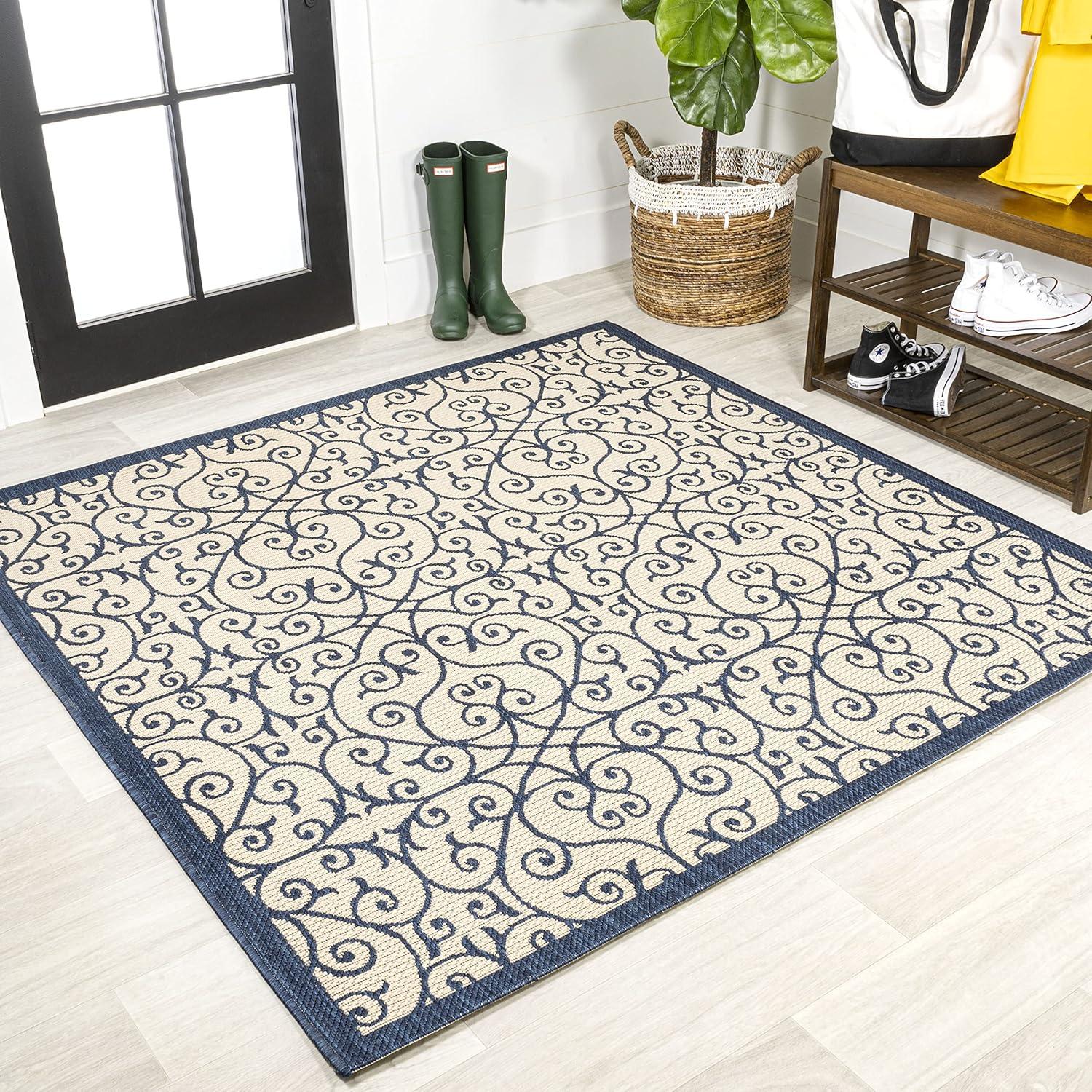 imageJONATHAN Y Vintage Filigree Indoor Outdoor Area Rug 5X8 BlackKhaki Madrid Textured Weave for Backyard Patio Porch EasyCleaning High Traffic PetFriendly NonShedding SMB107A5NavyBeige