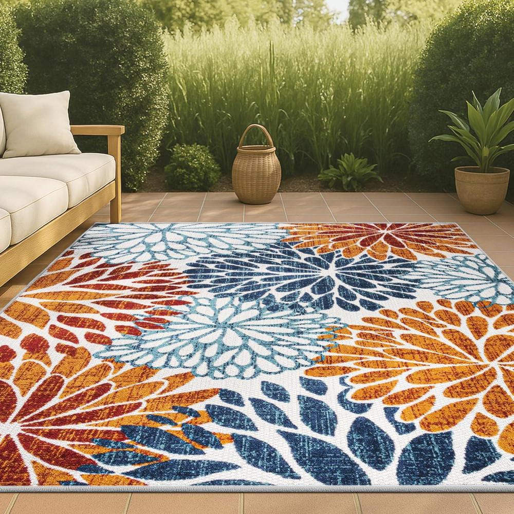 imageJONATHAN Y Floral HighLow Indoor Outdoor Area Rug 8X10 OrangeBlueCream Crisantemo for Backyard Patio Porch EasyCleaning High Traffic PetFriendly NonShedding AMC108A84 x 6 Rectangular
