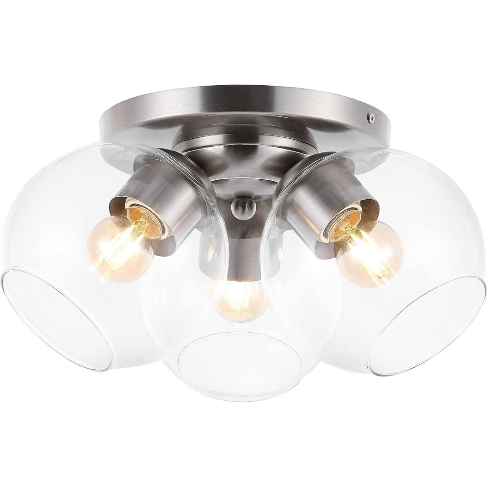 imageJONATHAN Y JYL7568B Iris 115quot 3Light Farmhouse Rustic IronGlass LED Semi Flush Mount Coastal Contemporary 2700K Cozy Warm Light Kitchen Hallway Bathroom Bedroom Entryway Foyer NickelClearNickel
