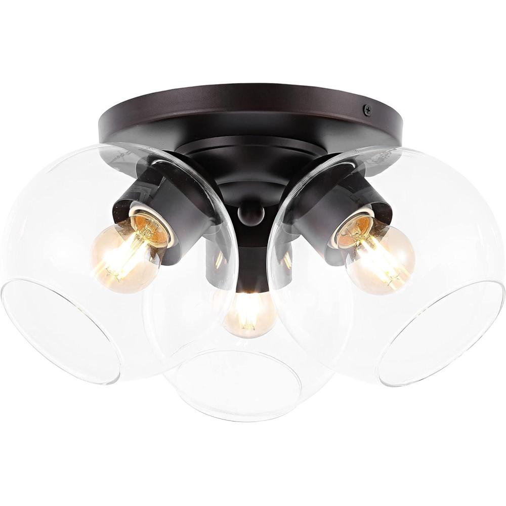 imageJONATHAN Y JYL7568B Iris 115quot 3Light Farmhouse Rustic IronGlass LED Semi Flush Mount Coastal Contemporary 2700K Cozy Warm Light Kitchen Hallway Bathroom Bedroom Entryway Foyer NickelClearOilRubbed Bronze