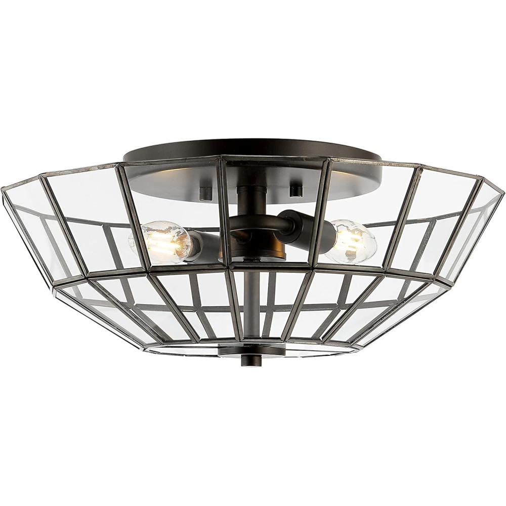 imageJONATHAN Y JYL9928A Theo 155quot 2Light Farmhouse Rustic IronGlass LED Semi Flush Mount Modern Contemporary 2700K Cozy Warm Light Kitchen Hallway Bathroom Bedroom Foyer Oil Rubbed BronzeClear
