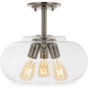 JONATHAN Y JYL7565A 13.75″ Modern Industrial 3-Light Semi Flush Mount Ceiling Light, Dimmable Nickel Ceiling Fixture with Clear Seeded Glass Globe for Kitchen, Hallway, Bedroom, 3 LED Bulbs Included