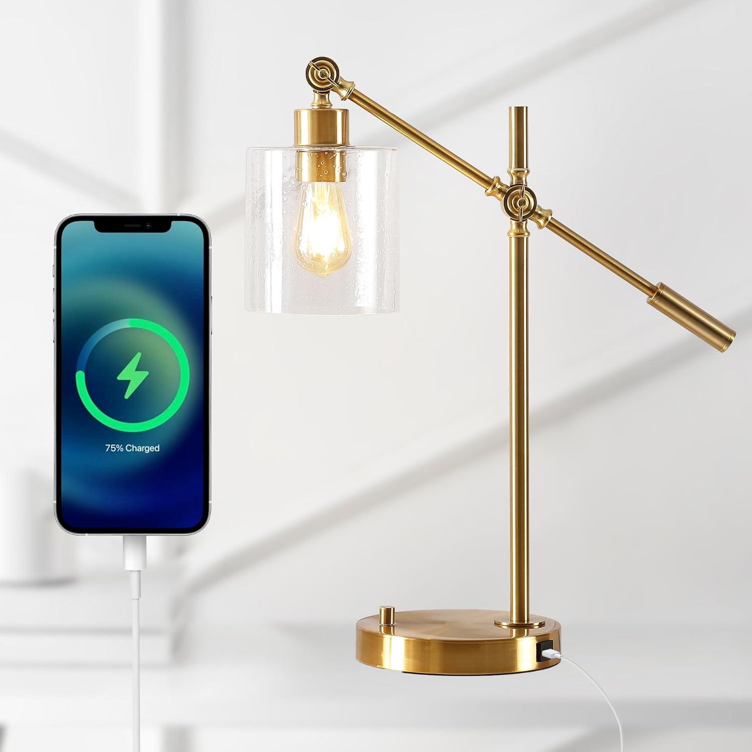 image:imageJONATHAN Y JYL3082A Kathryn Classic 23 IronSeeded Glass Adjustable Head Modern USB Charging LED Task Lamp Brass Gold Bedroom Living Room1 Bulb