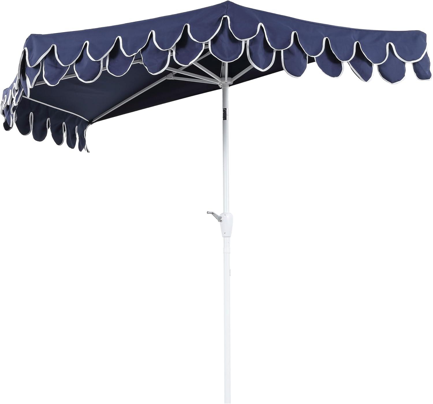 image:imageJONATHAN Y UMB1202D Terrace Arc 9 ft Classic MidCentury Scalloped Fringe Market Patio Half Umbrella with Crank Tilt Button and UV Protection in WhiteBlack White PoleNavyWhite White Pole