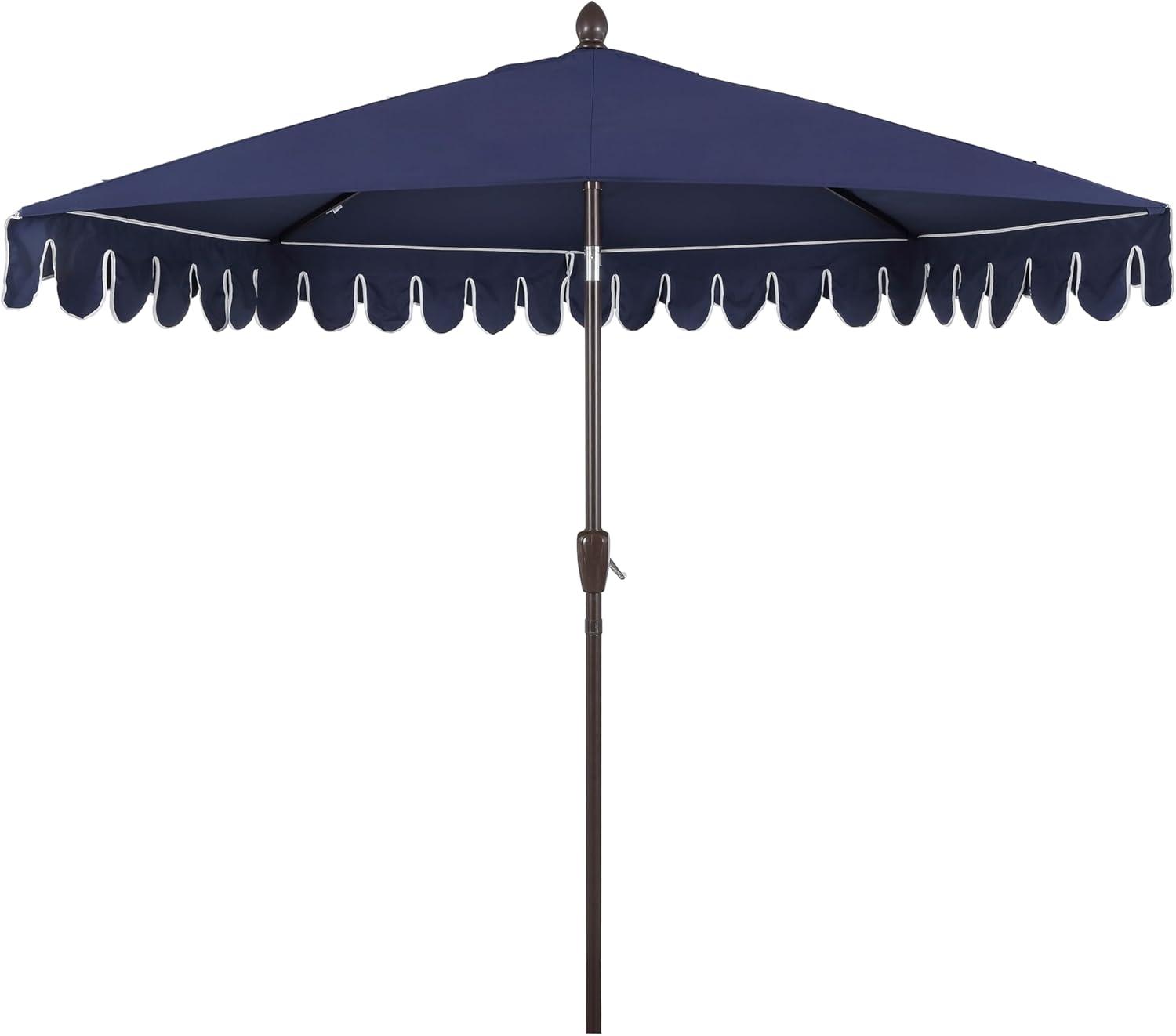 image:imageJONATHAN Y UMB1202D Terrace Arc 9 ft Classic MidCentury Scalloped Fringe Market Patio Half Umbrella with Crank Tilt Button and UV Protection in WhiteBlack White PoleNavyWhite Dark Brown Pole