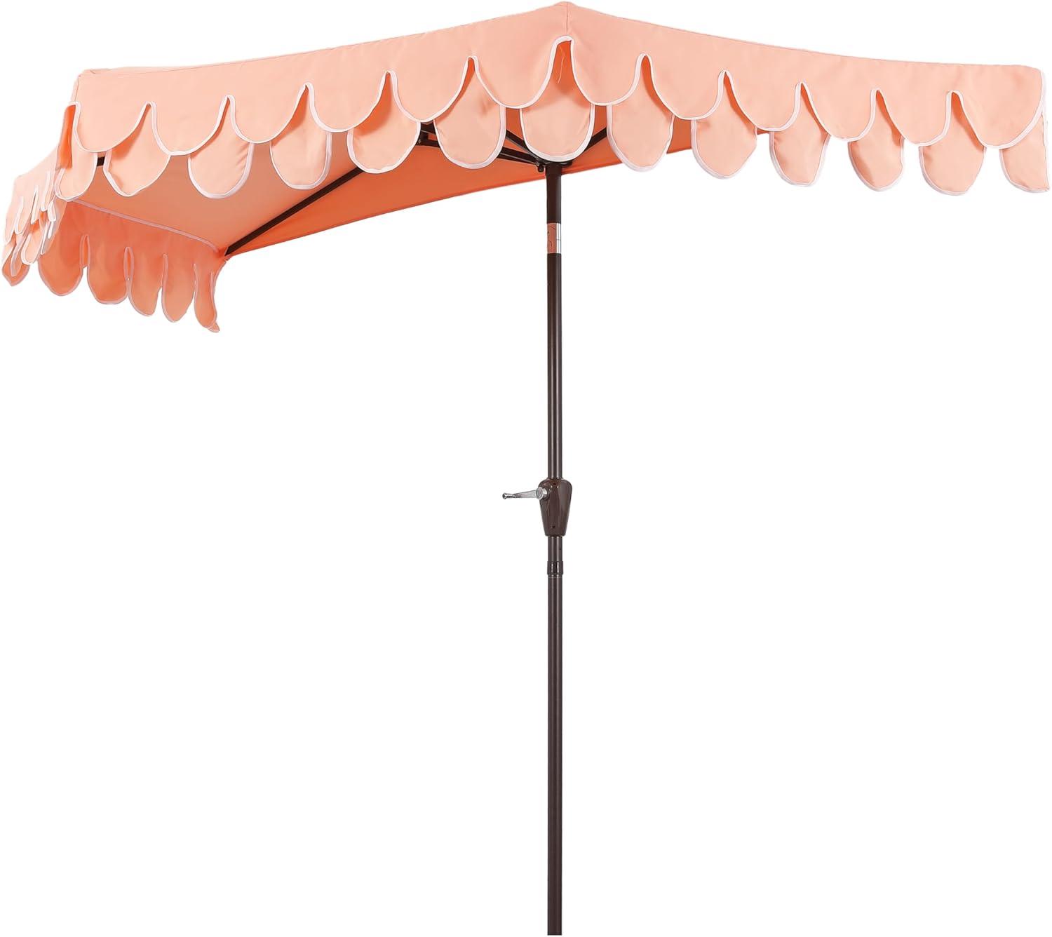 image:imageJONATHAN Y UMB1202D Terrace Arc 9 ft Classic MidCentury Scalloped Fringe Market Patio Half Umbrella with Crank Tilt Button and UV Protection in WhiteBlack White PoleCoral PinkWhite Dark Brown Pole