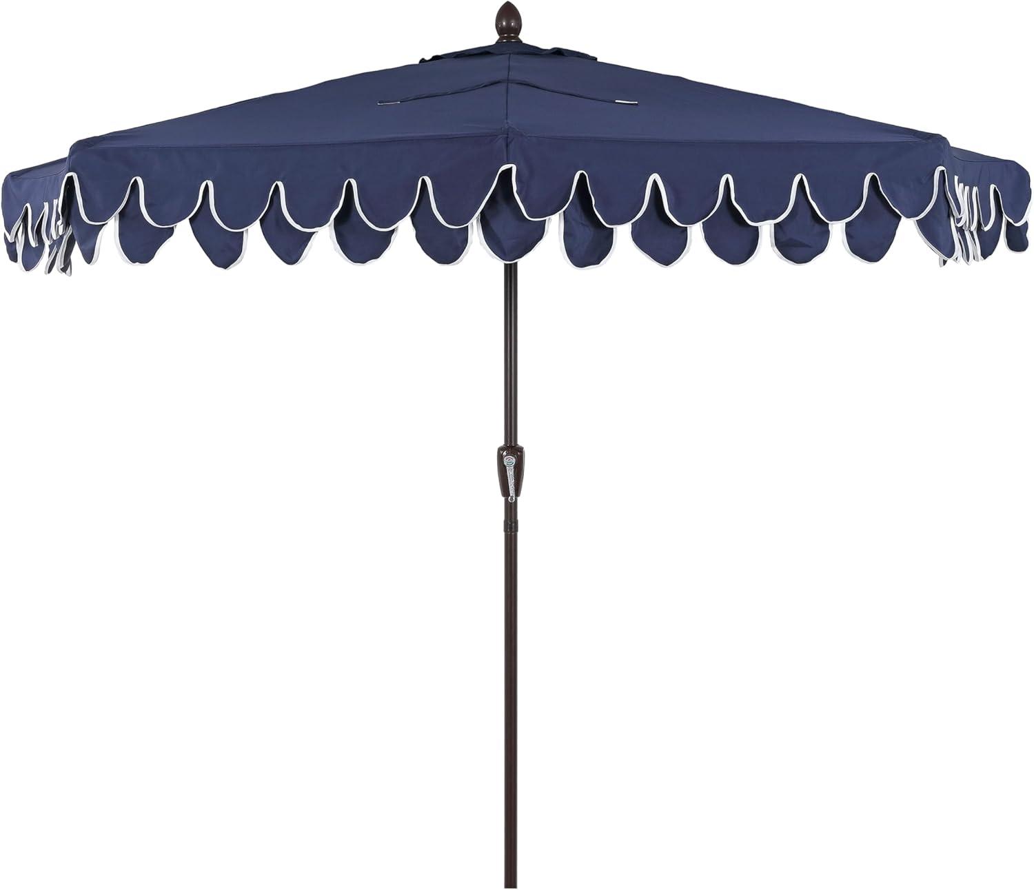 image:imageJONATHAN Y UMB1202D Terrace Arc 9 ft Classic MidCentury Scalloped Fringe Market Patio Half Umbrella with Crank Tilt Button and UV Protection in WhiteBlack White PoleNavyWhite Dark Brown Pole