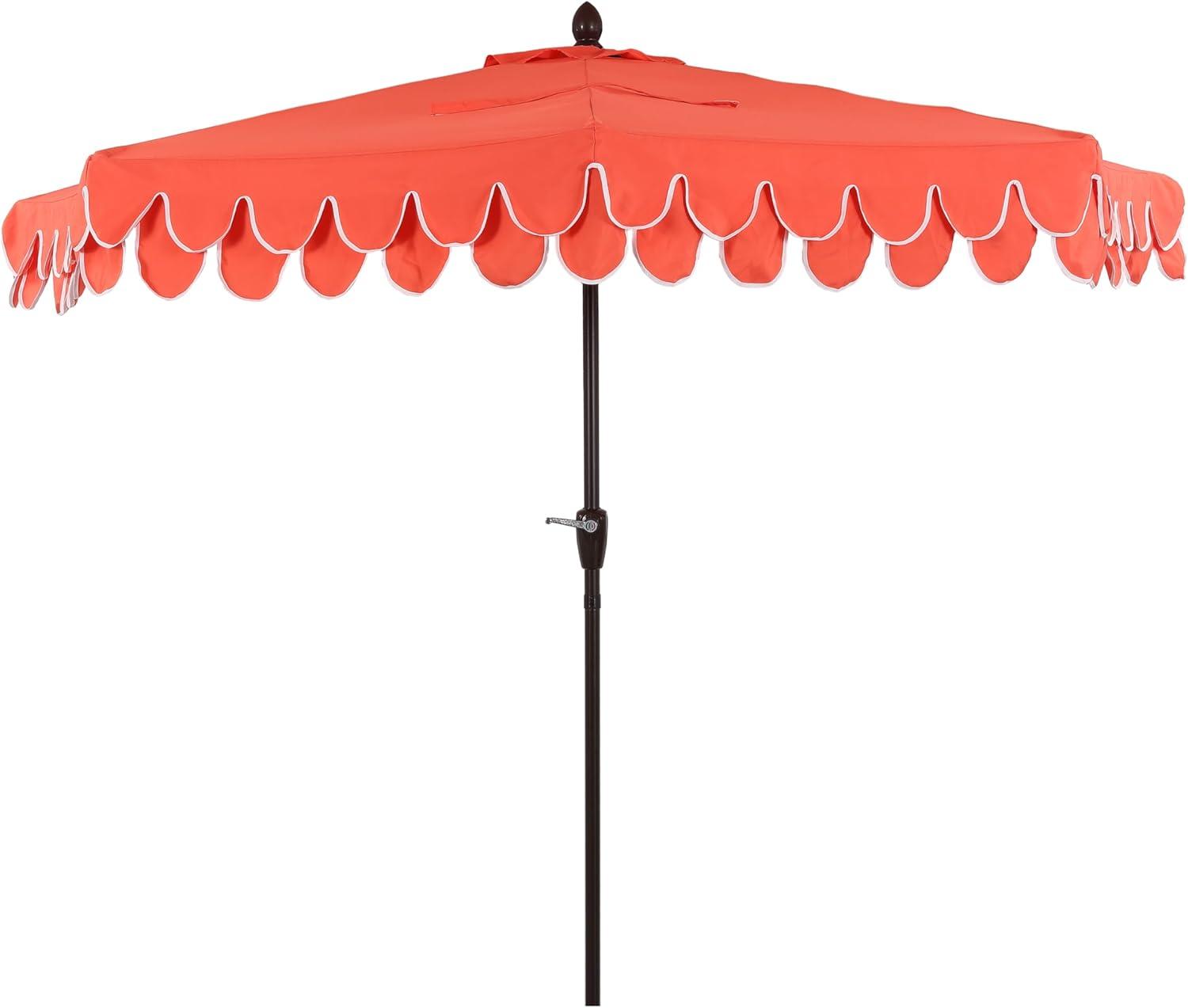 image:imageJONATHAN Y UMB1202D Terrace Arc 9 ft Classic MidCentury Scalloped Fringe Market Patio Half Umbrella with Crank Tilt Button and UV Protection in WhiteBlack White PoleCoral RedWhite Dark Brown Pole