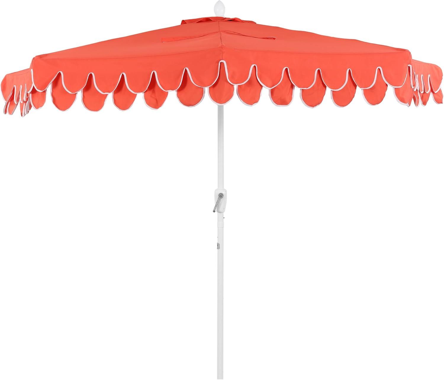image:imageJONATHAN Y UMB1202D Terrace Arc 9 ft Classic MidCentury Scalloped Fringe Market Patio Half Umbrella with Crank Tilt Button and UV Protection in WhiteBlack White PoleCoral RedWhite White Pole
