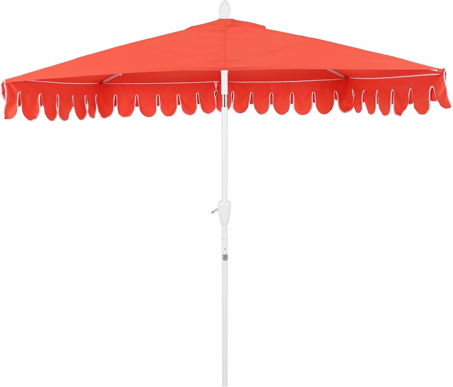 image:imageJONATHAN Y UMB1202D Terrace Arc 9 ft Classic MidCentury Scalloped Fringe Market Patio Half Umbrella with Crank Tilt Button and UV Protection in WhiteBlack White PoleCoral RedWhite White Pole