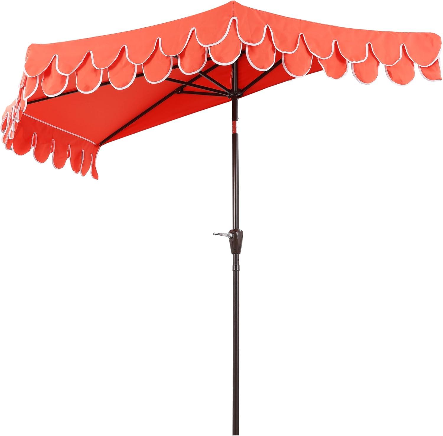 image:imageJONATHAN Y UMB1202D Terrace Arc 9 ft Classic MidCentury Scalloped Fringe Market Patio Half Umbrella with Crank Tilt Button and UV Protection in WhiteBlack White PoleCoral RedWhite Dark Brown Pole