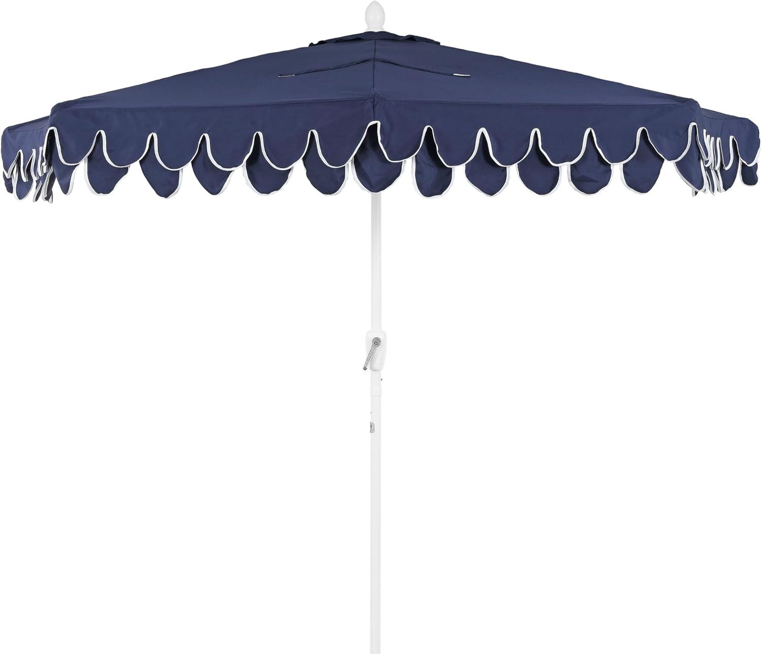 image:imageJONATHAN Y UMB1202D Terrace Arc 9 ft Classic MidCentury Scalloped Fringe Market Patio Half Umbrella with Crank Tilt Button and UV Protection in WhiteBlack White PoleNavyWhite White Pole