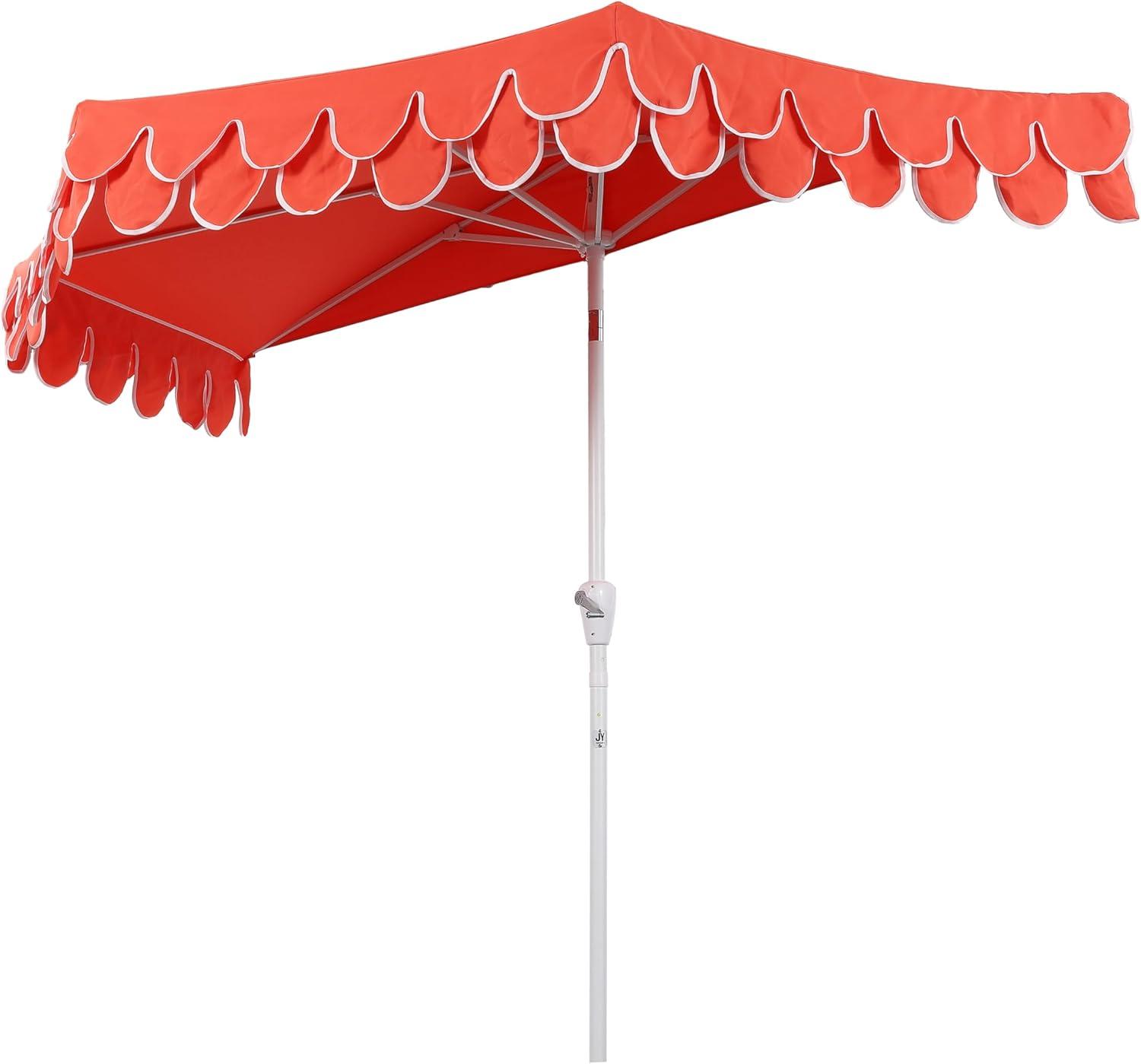 image:imageJONATHAN Y UMB1202D Terrace Arc 9 ft Classic MidCentury Scalloped Fringe Market Patio Half Umbrella with Crank Tilt Button and UV Protection in WhiteBlack White PoleCoral RedWhite White Pole