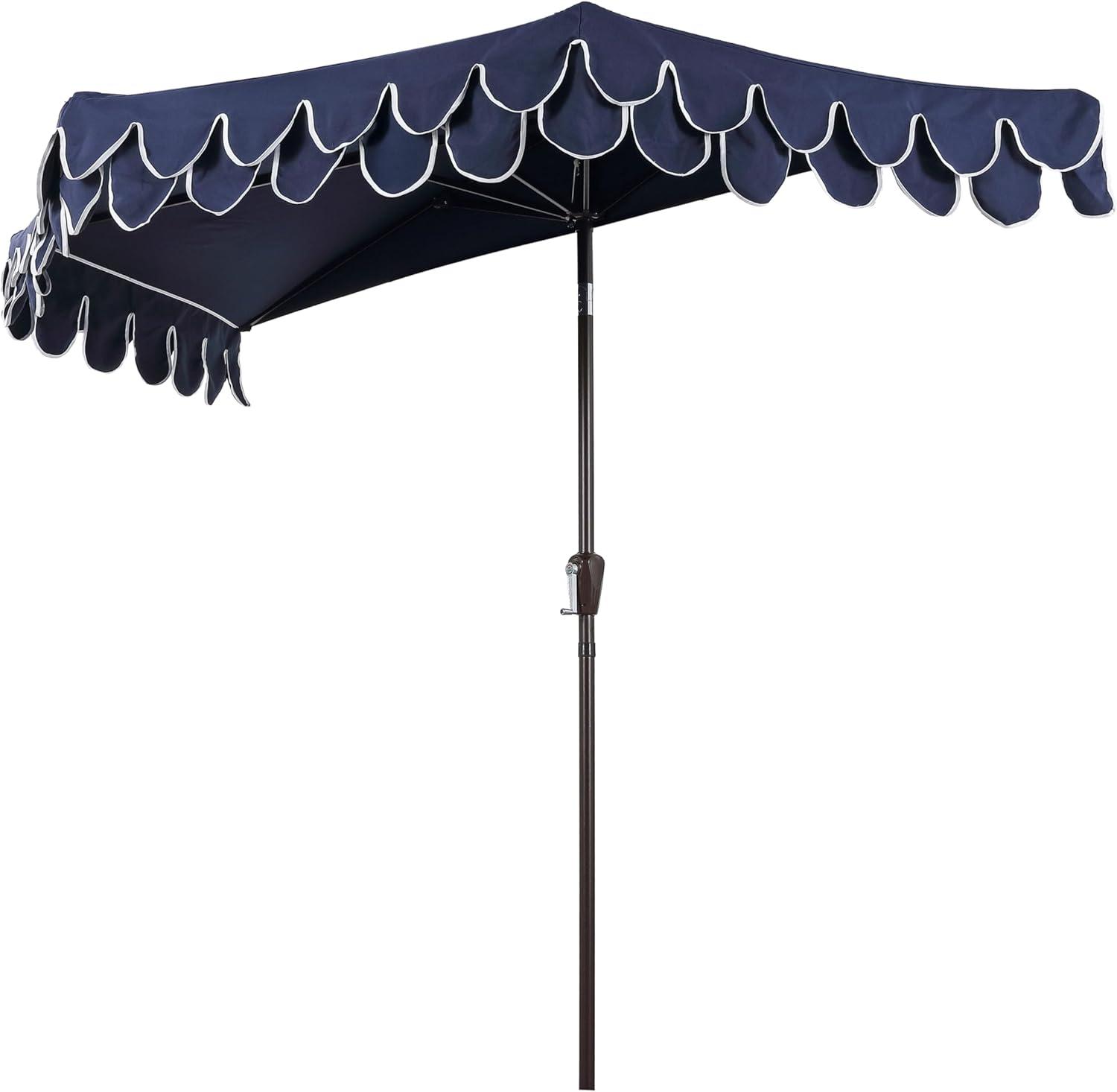 image:imageJONATHAN Y UMB1202D Terrace Arc 9 ft Classic MidCentury Scalloped Fringe Market Patio Half Umbrella with Crank Tilt Button and UV Protection in WhiteBlack White PoleNavyWhite Dark Brown Pole