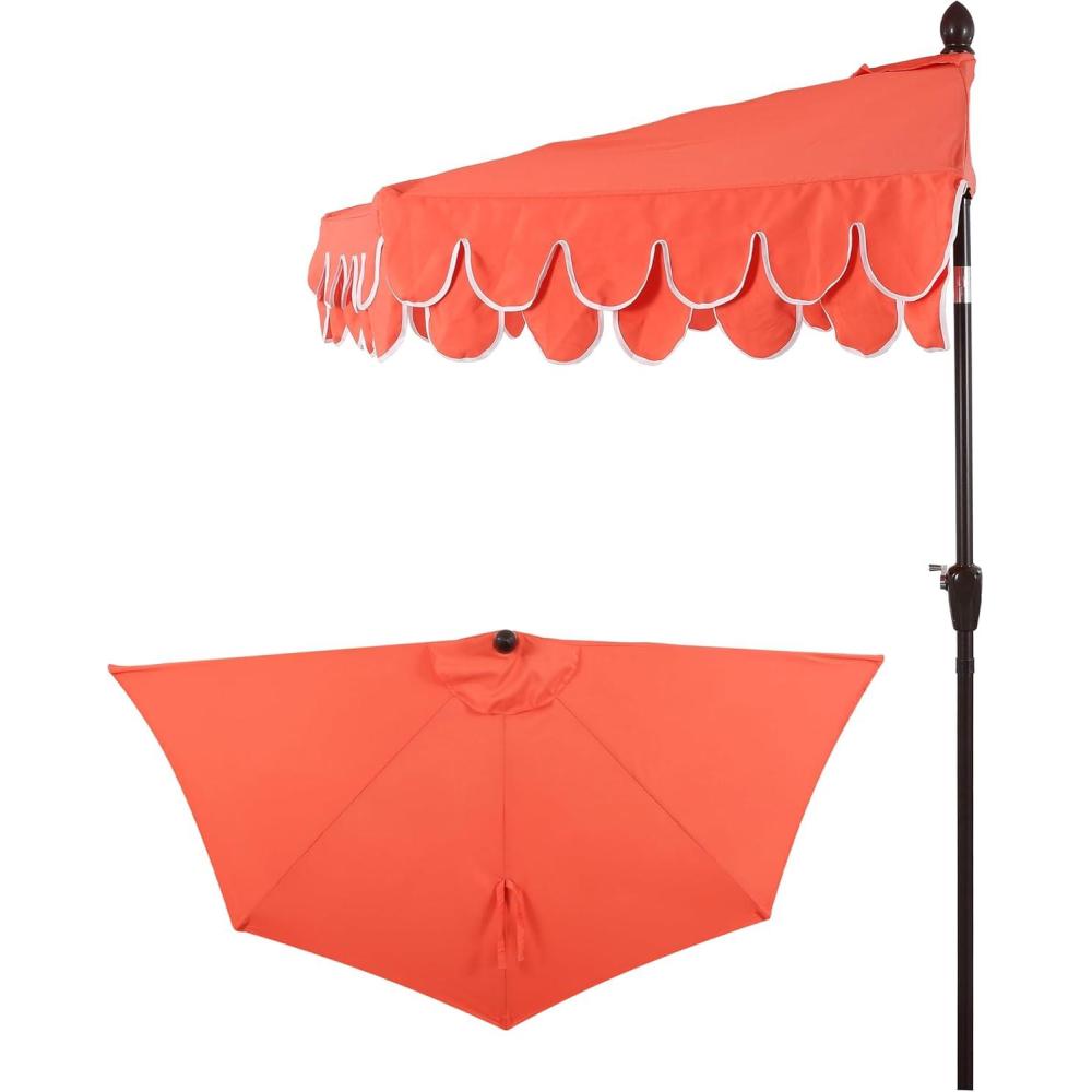 image:imageJONATHAN Y UMB1202D Terrace Arc 9 ft Classic MidCentury Scalloped Fringe Market Patio Half Umbrella with Crank Tilt Button and UV Protection in WhiteBlack White PoleCoral RedWhite Dark Brown Pole