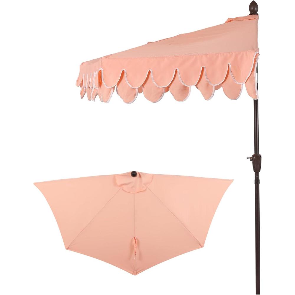image:imageJONATHAN Y UMB1202D Terrace Arc 9 ft Classic MidCentury Scalloped Fringe Market Patio Half Umbrella with Crank Tilt Button and UV Protection in WhiteBlack White PoleCoral PinkWhite Dark Brown Pole