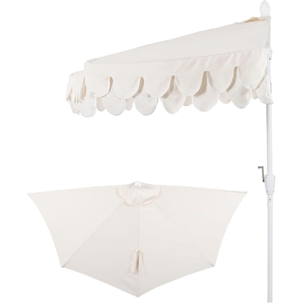 image:imageJONATHAN Y UMB1202D Terrace Arc 9 ft Classic MidCentury Scalloped Fringe Market Patio Half Umbrella with Crank Tilt Button and UV Protection in WhiteBlack White PoleCreamWhite White Pole