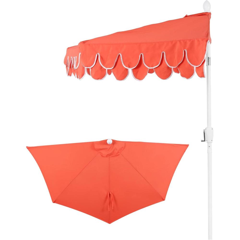image:imageJONATHAN Y UMB1202D Terrace Arc 9 ft Classic MidCentury Scalloped Fringe Market Patio Half Umbrella with Crank Tilt Button and UV Protection in WhiteBlack White PoleCoral RedWhite White Pole