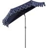 JONATHAN Y UMB1202D Terrace Arc 9 ft. Classic MidCentury Scalloped Fringe Market Patio Half Umbrella with Crank, Tilt Button and UV Protection in White/Black, White Pole(Navy/White (Dark Brown Pole))