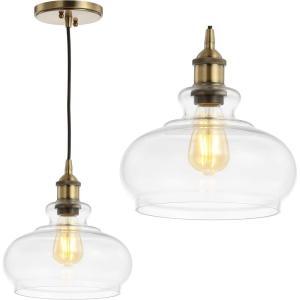 JONATHAN Y JYL3515A Wyatt 9.5″ Pharmacy Metal/Glass LED Pendant Farmhouse Contemporary Transitional Dimmable Adjustable Dining Room Living Room Kitchen Foyer Bedroom Hallway, Brass Gold(Brass Gold)