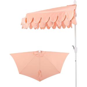 JONATHAN Y UMB1202D Terrace Arc 9 ft. Classic MidCentury Scalloped Fringe Market Patio Half Umbrella with Crank, Tilt Button and UV Protection in White/Black, White Pole(Coral Pink/White (White Pole))