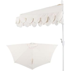 JONATHAN Y UMB1202D Terrace Arc 9 ft. Classic MidCentury Scalloped Fringe Market Patio Half Umbrella with Crank, Tilt Button and UV Protection in White/Black, White Pole(Cream/White (White Pole))