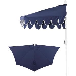 JONATHAN Y UMB1202D Terrace Arc 9 ft. Classic MidCentury Scalloped Fringe Market Patio Half Umbrella with Crank, Tilt Button and UV Protection in White/Black, White Pole(Navy/White (White Pole))