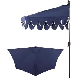 JONATHAN Y UMB1202D Terrace Arc 9 ft. Classic MidCentury Scalloped Fringe Market Patio Half Umbrella with Crank, Tilt Button and UV Protection in White/Black, White Pole(Navy/White (Dark Brown Pole))