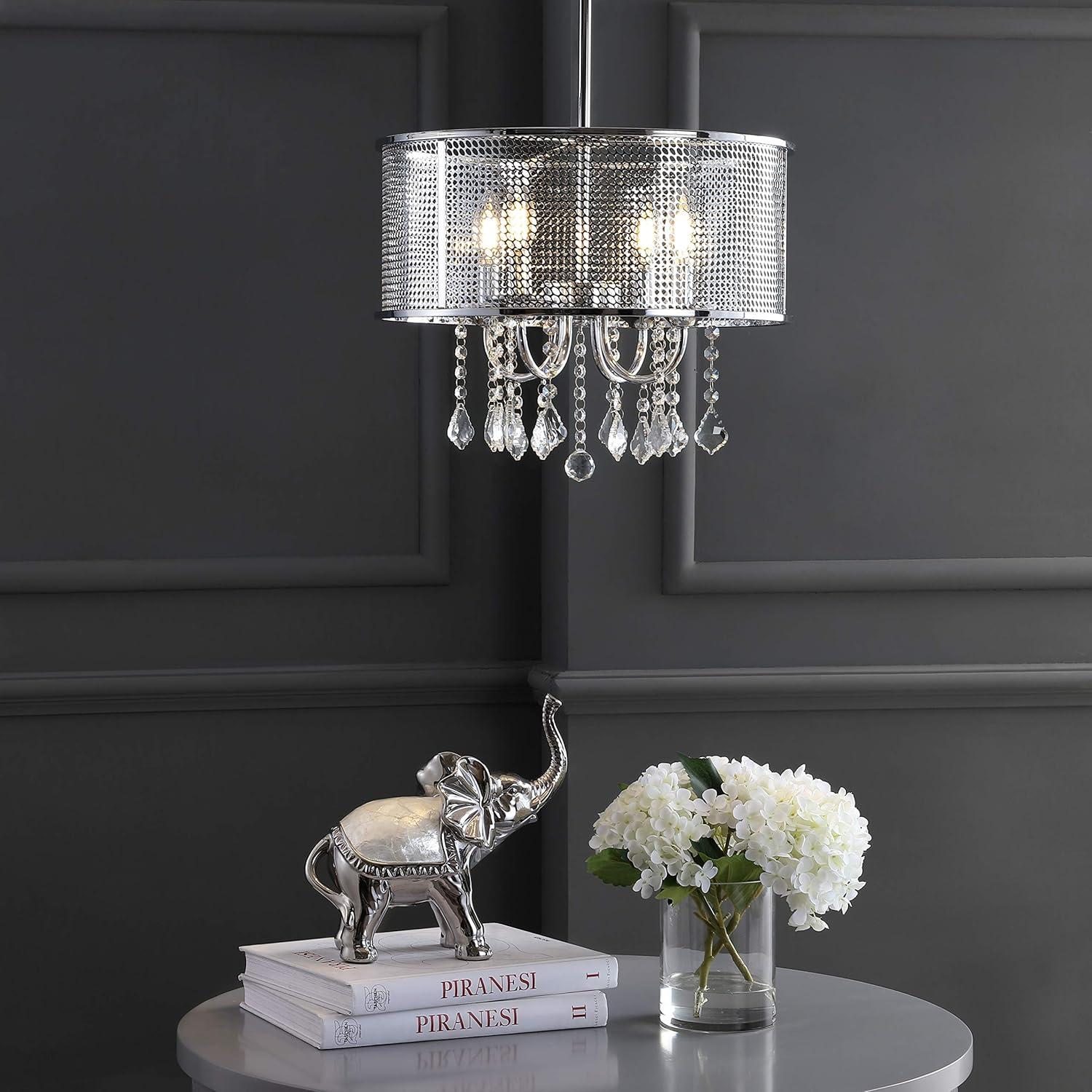 image:imageJONATHAN Y JYL7466A 17 Modern Crystal Chandelier Glam Chrome Drum Pendant Light with Adjustable Height Dimmable Ceiling Light Fixture for Dining Room Kitchen Island Bedroom Foyer17 in