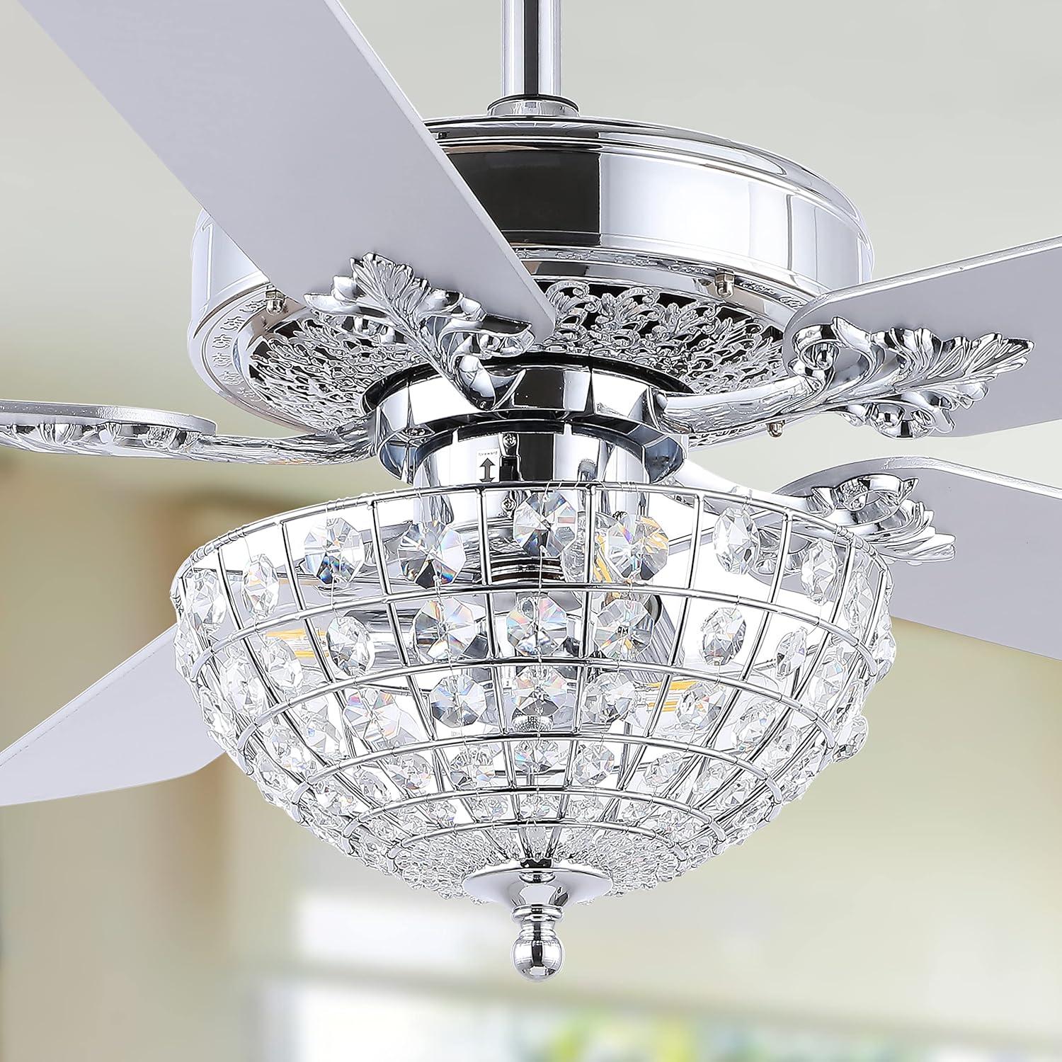 image:imageJONATHAN Y JYL9610B Mandy Glam Classic Crystal Dome Shade LED Ceiling Fan with Remote for Bedroom Living Room Dining Room 52 3 Light Chrome