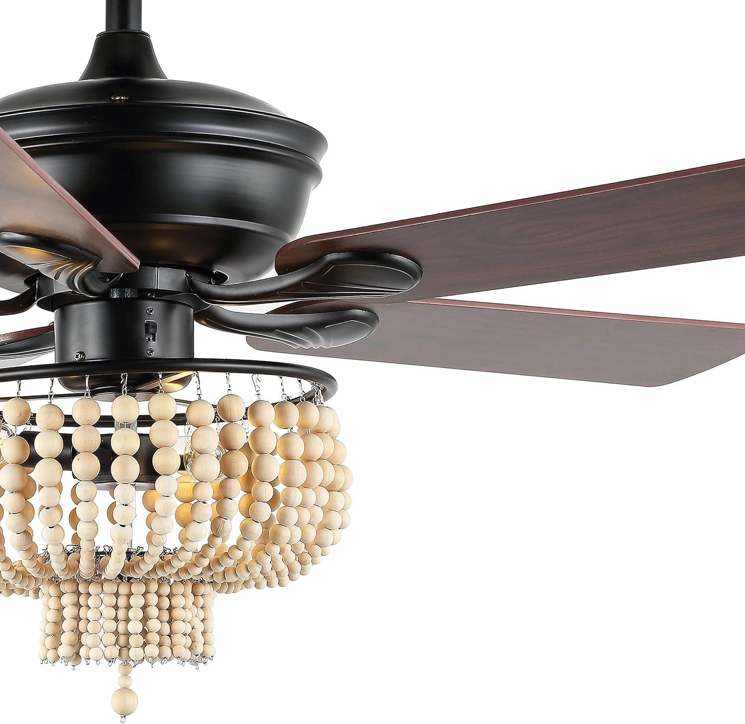 image:imageJONATHAN Y JYL9617A Opal Farmhouse Rustic Wood Bead Shade LED Ceiling Fan with Remote for Bedroom Living Room Dining Room 52 3 Light Black