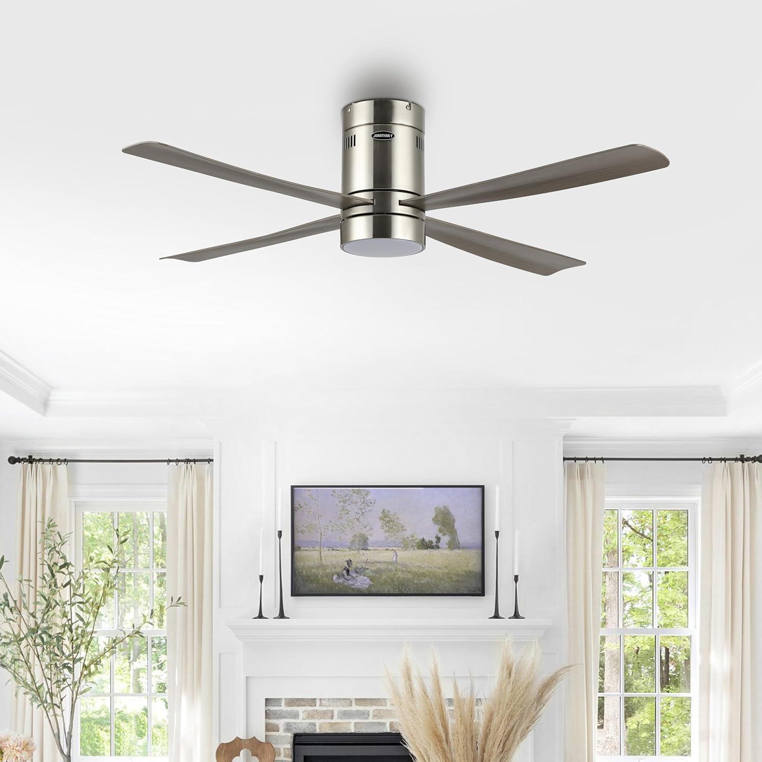 image:imageJONATHAN Y JYL9716A Theo 52 1Light Contemporary Minimalist IronAcrylic MobileAppRemoteControlled 6Speed LED Ceiling Fan NickelNeutral Brown Wood Finish for Living Room Bedroom Family RoomNickelGray Wood Finish